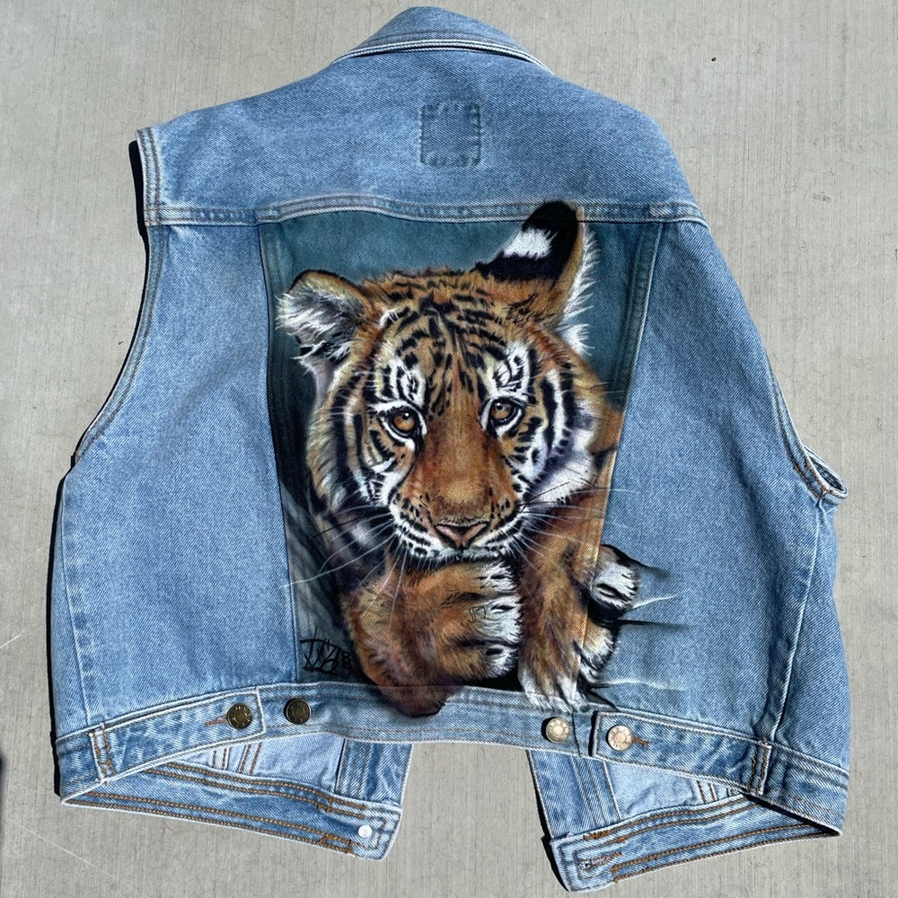 Vintage Denim Jean Vest Airbrushed Tiger Cub